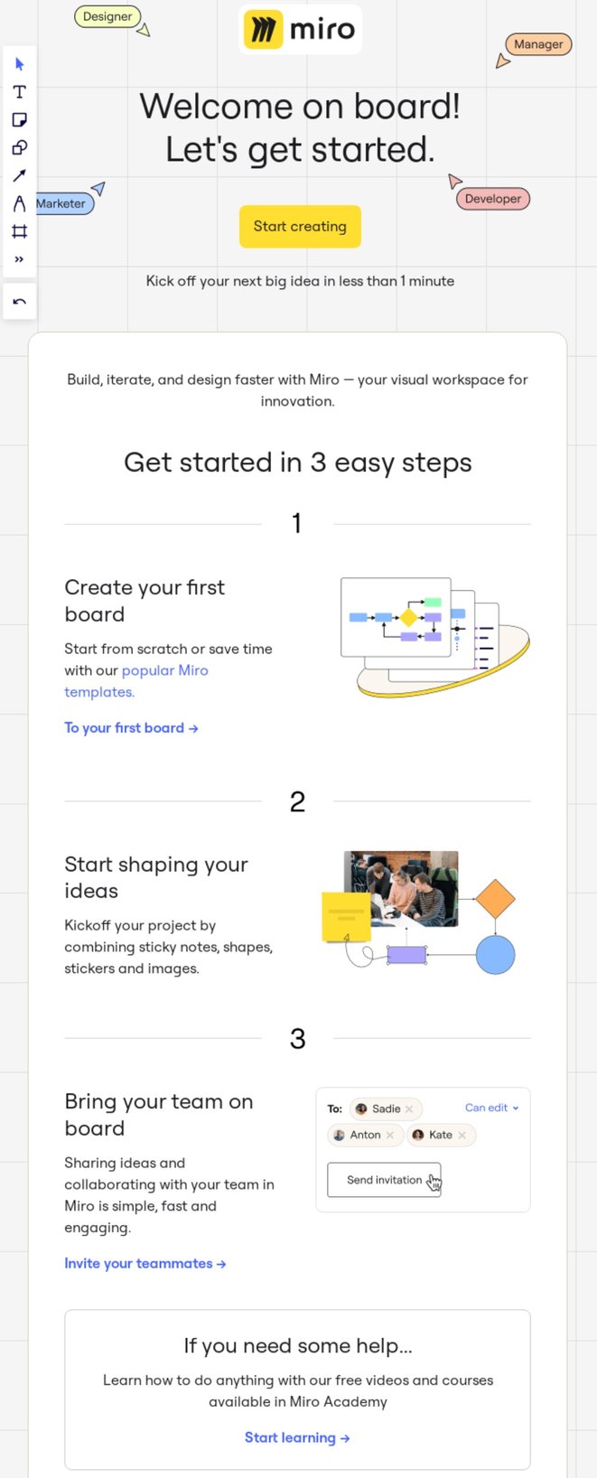 Miro welcome email example